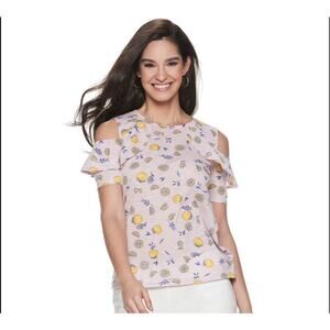 ❤️ 3/$25 Juicy Couture Lavender Lemon Print Cold Shoulder Blouse | XL